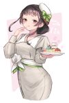  1girl 2girls :q anniversary black_hair blush brown_eyes commentary copyright_name dress fairy_(kancolle) food grey_dress hat holding holding_plate kantai_collection long_sleeves looking_at_viewer multicolored_hair multiple_girls plate redhead simple_background solo symbol-only_commentary terrajin tongue tongue_out white_hat yamashio_maru_(11th_anniversary)_(kancolle) yamashio_maru_(kancolle) 