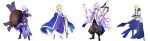  2boys 2girls absurdres ahoge arm_up armor armored_boots armored_dress arthur_pendragon_(fate) artoria_pendragon_(fate) avalon_(fate/stay_night) black_footwear black_hood black_pants black_shirt blonde_hair blue_cloak blue_dress blue_stole boobplate boots braid breastplate breasts cloak closed_mouth crown dress excalibur_(fate/prototype) excalibur_(fate/stay_night) fate/grand_order fate_(series) faulds flower full_body fur-trimmed_cloak fur_trim gauntlets green_eyes grey_hair hair_between_eyes hair_ornament hair_over_one_eye hair_ribbon hand_on_own_chest high_heel_boots high_heels highres holding holding_shield holding_staff holding_sword holding_weapon hood hood_down long_hair long_sleeves looking_at_viewer lord_camelot_(fate) mash_kyrielight medium_breasts merlin_(fate) multiple_boys multiple_girls one_eye_covered pants pauldrons petals pink_flower pink_hair puffy_pants ribbon robe saber_(fate) sheath sheathed shield shirt short_hair shoulder_armor simple_background smile staff stole sword very_long_hair violet_eyes weapon white_background white_robe wide_sleeves xuehua 