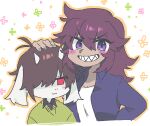  1girl 1other :3 alternate_species animal_ears antenna_hair blush brown_hair coat collared_coat collared_shirt commentary_request cropped_torso deltarune goat_ears goat_horns green_sweater grin hair_between_eyes hair_flaps hair_over_one_eye hand_on_another&#039;s_head horns komugiko_(bitte_komu) kris_(deltarune) long_sleeves looking_at_viewer medium_hair no_pupils one_eye_covered orange_outline purple_coat purple_hair red_eyes sharp_teeth shirt short_hair sidelocks simple_background smile species_switch susie_(deltarune) sweater teeth upper_body v-shaped_eyebrows violet_eyes white_background white_shirt 