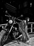  1girl black_hair building city city_lights dark full_body greyscale highres looking_to_the_side monochrome motor_vehicle motorcycle original sitting sitting_on_vehicle skyscraper solo tp_p_pt 