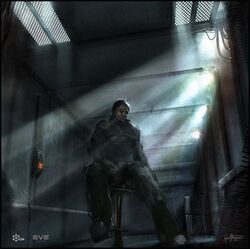  1boy black_border border caldari_state_(eve_online) commentary company_logo company_name copyright_name dark eve_online full_body georg_hilmarsson glowing grey_theme indoors logo male_focus official_art on_stool science_fiction signature sitting solo stool 