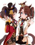  2girls :d ^_^ absurdres animal_ears arms_behind_back black_hat black_shirt black_shorts black_vest blue_eyes blue_hair blush breasts brown_hair brown_hat brown_jacket brown_pantyhose chokin_tsucho closed_eyes closed_mouth collared_shirt daitaku_helios_(joyful_jamboree!)_(umamusume) daitaku_helios_(umamusume) eyes_visible_through_hair facing_another fishnet_pantyhose fishnets fur-trimmed_shorts fur_trim hair_over_one_eye hands_up hat highres horse_ears horse_girl horse_tail jacket long_sleeves looking_at_another medium_breasts mejiro_palmer_(umamusume) mejiro_palmer_(warm-hearted_reindeer)_(umamusume) mini_hat multicolored_hair multiple_girls nail_art nail_polish notice_lines open_clothes open_jacket orange_hair pantyhose plaid plaid_shorts print_headwear profile shirt shorts side_ponytail simple_background sleeveless sleeveless_jacket smile star_(symbol) star_print streaked_hair tail tilted_headwear umamusume vest white_background white_hair white_shirt 