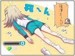  1girl commentary_request crying exhausted face_down gakuen_idolmaster gradient_hair green_shorts grey_hair head_steam highres hinoithi_dice_k idolmaster jacket kuramoto_china light_brown_hair lying multicolored_hair on_floor on_stomach shinosawa_hiro shoes shorts sneakers socks track_jacket translation_request white_footwear white_socks 