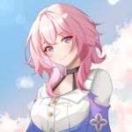  1girl black_choker blue_eyes blue_jacket blue_sky breasts bu_weizhuang buttons choker closed_mouth clouds cloudy_sky earrings hair_between_eyes honkai:_star_rail honkai_(series) jacket jewelry long_sleeves looking_at_viewer march_7th_(honkai:_star_rail) medium_hair pink_eyes pink_hair shirt skirt sky smile solo two-tone_eyes upper_body white_shirt 