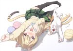  1girl animal_ears black_thighhighs blonde_hair blush calico cardigan cat cat_ears cat_girl cat_tail commentary_request full_body green_skirt long_hair looking_at_viewer lying on_side open_mouth original red_eyes skirt smile solo stretching tail thigh-highs tsubure_manjuu yarn yarn_ball zettai_ryouiki 