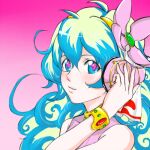  1girl armlet cross-shaped_pupils curly_hair flower gradient_background hair_flower hair_ornament headphones lowres multicolored_hair nia_teppelin pink_background sisotaro smile solo symbol-shaped_pupils tengen_toppa_gurren_lagann two-tone_hair 