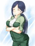  1girl arms_under_breasts black_hair blurry blurry_background blush breasts closed_eyes closed_mouth commentary_request cowboy_shot crossed_arms green_jacket green_pants jacket large_breasts long_hair monochrome_background pants ponytail shin_(highest1192) shirt smile solo tied_sleeves toaru_majutsu_no_index track_jacket track_pants track_suit turtleneck turtleneck_jacket very_long_hair white_shirt yomikawa_aiho 