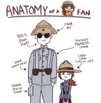  1boy 1girl :3 age_difference anatomy_of_a_gamer_(meme) arrow_(symbol) brown_hair character_name child closed_mouth cowboy_shot english_text epaulettes glasses grey_jacket gun hands_in_pockets hat height_difference holster jacket long_hair long_sleeves looking_at_viewer meme military military_rank_insignia military_uniform opaque_glasses pants peaked_cap ponytail red_pants rifle short_hair side_ponytail simple_background squinting straight-on sunglasses sword tanuki_kobayashi typo uniform unworn_hat unworn_headwear weapon webbing white_background 
