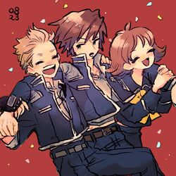  1girl 2boys arm_around_shoulder black_gloves blonde_hair blue_eyes blue_jacket blue_pants brown_hair chain chain_necklace closed_eyes confetti cropped_jacket dated final_fantasy final_fantasy_viii fingerless_gloves gloves highres holding_another&#039;s_arm jacket jewelry military_uniform multiple_boys neckerchief necklace nobu_(25mark) open_mouth pants red_background scar scar_on_face selphie_tilmitt shirt short_hair smile squall_leonhart uniform upper_body white_shirt yellow_neckerchief zell_dincht 