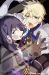  2boys against_glass apple_pur_app armor artist_name black_eyes blonde_hair blue_eyes brown_gloves commentary_request flynn_scifo gloves hair_between_eyes highres long_hair male_focus multiple_boys open_mouth purple_hair raised_eyebrow sweat tales_of_(series) tales_of_vesperia twitter_username yuri_lowell 