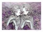  2girls commentary_request doll dress expressionless flower grey_dress grey_eyes grey_hair hair_flower hair_ornament hair_spread_out lace long_hair looking_at_viewer lying multiple_girls on_back original pale_skin petals ribbon rose siblings sumire_shisei twins upper_body 