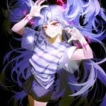  arms_up artist_name bad_id bad_pixiv_id black_background black_shorts character_request closed_mouth copyright_request floating_hair hands_up looking_at_viewer messy_hair purple_hair red_eyes shirt short_sleeves shorts simple_background striped_clothes striped_shirt sukja twintails 
