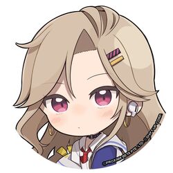  1girl black_footwear blush boots chibi closed_mouth collared_shirt commentary dress_shirt earrings ein_(nikke) english_commentary goddess_of_victory:_nikke hair_ornament hairclip highres hoop_earrings jacket jewelry light_brown_hair light_frown long_hair long_sleeves looking_at_viewer necktie necktie_in_pocket no_nose nose_blush official_art red_necktie shirt sleeves_past_fingers sleeves_past_wrists solo standing totatokeke violet_eyes white_shirt 