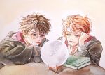  2boys black_cape blue_eyes book brown_hair cape closed_mouth commentary_request glasses harry_potter harry_potter_(series) hood hooded_cape long_sleeves looking_at_object multiple_boys painting_(medium) short_hair sparkle traditional_media upper_body watercolor_(medium) wizarding_world 