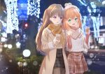  2girls :d aqua_eyes aran_sweater beanie black_pantyhose black_skirt blurry blurry_background blush bokeh brown_coat brown_hair brown_scarf brown_skirt brown_sweater cable_knit coat coffee coffee_cup commentary_request cowboy_shot cup dating depth_of_field disposable_cup eye_contact fujishima_megumi hair_ornament hat heart hinoshita_kaho holding_hands interlocked_fingers jacket link!_like!_love_live! long_hair long_sleeves looking_at_another looking_to_the_side love_live! medium_hair multiple_girls official_alternate_costume open_mouth orange_hair pantyhose photo_background pink_sweater plaid plaid_skirt pom_pom_(clothes) pom_pom_beanie scarf skirt smile sweater turtleneck turtleneck_sweater two_side_up violet_eyes virtual_youtuber white_hat white_jacket winter_clothes yuri yutuki_ame 