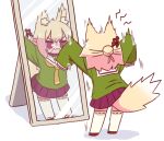  1girl animal_ears arms_up blonde_hair brown_footwear commentary_request fox_ears fox_girl fox_tail green_shirt hair_between_eyes hair_bun hair_ornament highres hissing kemomimi-chan_(naga_u) long_sleeves mirror naga_u open_mouth original pleated_skirt puffing_up purple_skirt reflection ribbon-trimmed_thighhighs ribbon_trim sandals shadow shirt simple_background skirt sleeves_past_fingers sleeves_past_wrists solo standing stiff_tail tail thigh-highs v-shaped_eyebrows violet_eyes wavy_mouth white_background white_thighhighs zouri 