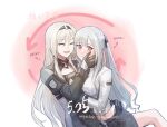  2girls ak-12_(girls&#039;_frontline) an-94_(girls&#039;_frontline) arianaleonardo black_hairband blonde_hair blush body_switch braid chinese_commentary closed_eyes commentary_request dated french_braid girls_frontline hairband hand_on_another&#039;s_chest hand_on_another&#039;s_face hand_on_another&#039;s_hip highres long_hair looking_at_viewer multiple_girls open_mouth parted_lips personality_switch red_eyes simple_background smile upper_body white_hair yuri 