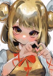  1girl blonde_hair blush closed_mouth double_bun hair_bun haniwa_kue heart heart_hands highres joutouguu_mayumi looking_at_viewer short_hair short_sleeves simple_background solo sweatdrop touhou upper_body white_background yellow_eyes 