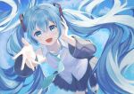  1girl birthday blue_eyes blue_hair facing_viewer hatsune_miku highres koyulu long_hair looking_at_viewer open_mouth outstretched_arm solo twintails very_long_hair vocaloid 