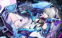  1girl absurdres bare_shoulders blowing_bubbles blue_gloves boots breasts chewing_gum copyright_notice dress elbow_gloves feet_out_of_frame gloves green_eyes grey_hair hair_rings highres holographic_interface holographic_monitor holographic_touchscreen indoors looking_at_viewer low_twintails luo_tianyi medium_breasts official_art on_chair see-through see-through_dress short_dress single_boot sitting sleeveless sleeveless_dress solo space spacecraft_interior thigh_boots twintails vocaloid vsinger white_dress window 