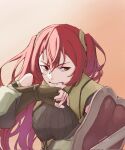  1girl artist_name brown_gloves detached_sleeves english_commentary fingerless_gloves fire_emblem fire_emblem_awakening gloves hair_between_eyes highres holding holding_shield long_hair looking_to_the_side pinwheejin red_eyes redhead severa_(fire_emblem) shield solo twintails upper_body 
