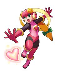  1girl absurdres black_bodysuit blonde_hair bodysuit full_body green_eyes hashtag-only_commentary heart helmet hi-go! highres leotard long_hair mega_man_(series) mega_man_battle_network_(series) netnavi pink_helmet pink_leotard roll.exe_(mega_man) simple_background solo white_background 