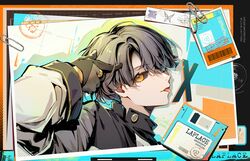  1boy :p black_sclera blue_eyes border character_name coat colored_sclera english_text finger_gun finger_gun_to_head finger_to_head floppy_disk gloves grey_gloves grey_hair hand_up heterochromia highres id_card jacknavy long_sleeves looking_at_viewer looking_to_the_side male_focus mismatched_sclera orange_border paper paperclip photo_(object) pointing pointing_at_self profile reverse:1999 seal_impression short_hair solo tongue tongue_out upper_body white_coat x_(reverse:1999) yellow_eyes 
