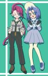  1boy 1girl black_gloves blue_eyes cosplay crossdressing dress gloves green_background green_eyes hands_in_pockets happy highres james_(pokemon) jessie_(pokemon) macchiromomomo one_eye_closed otoko_no_ko pink_hair pokemon pokemon_(anime) pokemon_(classic_anime) poppy_(pokemon) poppy_(pokemon)_(cosplay) purple_dress purple_hair rika_(pokemon) rika_(pokemon)_(cosplay) team_rocket 