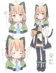  1girl absurdres anger_vein animal_ear_headphones animal_ears black_footwear black_shorts black_thighhighs blonde_hair blue_archive blue_necktie blush boots bow cat_tail closed_eyes closed_mouth collared_shirt fake_animal_ears green_bow green_eyes hair_bow headphones highres jacket kamotsu_yasai long_sleeves midori_(blue_archive) multiple_views necktie open_clothes open_jacket pout shirt short_hair shorts simple_background tail thigh-highs translation_request white_background white_jacket white_shirt 