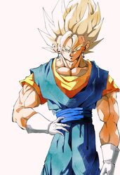  1boy blonde_hair blue_pants blue_sash blue_shirt cowboy_shot dougi dragon_ball dragon_ball_z earrings gloves green_eyes hand_on_own_hip highres jewelry looking_at_viewer male_focus medium_hair muscular muscular_male orange_shirt pants pato007711 potara_earrings sash shirt simple_background sleeveless sleeveless_shirt smirk solo super_saiyan super_saiyan_1 v-neck vegetto white_background white_gloves 