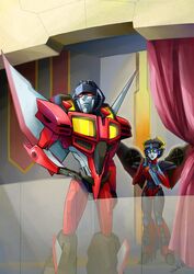  1boy 1girl blue_eyes hand_on_own_hip helmet high_heels humanoid_robot kandagawa_gufu mechanical_wings no_humans panties red_eyes red_lips red_panties robot robot_girl science_fiction starscream the_transformers_(idw) transformers underwear windblade wings 