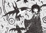  1girl bird closed_mouth crow dot_nose dress expressionless feather_dress feather_hair feathers grey_background greyscale highres holding holding_stick looking_to_the_side monochrome original patterned_background puppet shadow short_hair skull_collar stick zozoru 
