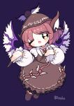  1girl absurdres animal_ears bird_ears bird_wings brown_dress brown_headwear brown_nails brown_socks collared_shirt dotaku_(wran8845) dress fingernails frilled_dress frills full_body hat highres kneehighs long_fingernails long_sleeves looking_at_viewer mystia_lorelei nail_polish one_eye_closed open_mouth pink_hair purple_background sharp_fingernails shirt short_hair signature simple_background sleeve_garter socks solo touhou very_long_fingernails white_shirt white_wings winged_hat wings yellow_eyes 