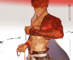  1boy abs cape clothes_in_mouth dressing emiya_shirou fate/grand_order fate_(series) highres igote japanese_clothes kalak_39 male_focus redhead senji_muramasa_(fate) short_hair single_bare_shoulder solo toned toned_male topless_male white_cape wristband yellow_eyes 