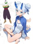  1boy 1girl bare_legs barefoot blue_dress blue_eyes blue_hair chinese_clothes colored_skin crossed_arms double_bun dragon_ball dragon_ball_z dragon_girl dragon_horns dragon_tail dress green_skin hair_bun highres horns indian_style light_blue_hair looking_at_viewer mouth_hold original piccolo sitting sketch tail turban wuju_(1198979953) 