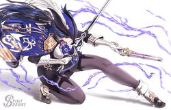  1girl absolution_(genshin_impact) absurdres ascot black_skirt blue_ascot blue_cape cape clorinde_(genshin_impact) electricity genshin_impact gloves gun handgun hat hat_feather high_heels highres holding holding_gun holding_sword holding_weapon low_ponytail miniskirt pantyhose pencil_skirt purple_hair shirt skirt solo spiritdraws sword tricorne weapon white_background white_gloves white_shirt 