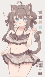  1girl :o absurdres ahoge animal_ears bikini blue_eyes brown_background brown_bikini cat_ears cat_girl cat_tail colon_br fang highres open_mouth original simple_background skin_fang swimsuit tail white_background 