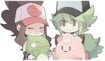  1boy 1girl :3 artist_name baseball_cap border brown_hair clear_2758 clefairy closed_eyes closed_mouth commentary_request doll green_hair hat hilda_(pokemon) long_hair n_(pokemon) poke_ball_print pokemon pokemon_bw print_headwear simple_background substitute_(pokemon) twitter_username unamused watermark white_background white_border 