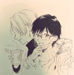  2boys bishounen blush_stickers coat commentary_request cropped_torso cup disposable_cup drink fur-trimmed_hood fur_trim glasses gloves greyscale hair_over_one_eye hand_up highres holding holding_drink hood hood_down hooded_coat katsuki_yuuri long_sleeves looking_at_viewer male_focus mask mask_pull monochrome mouth_mask multiple_boys no+bi= open_clothes open_coat open_mouth photo_(medium) short_hair smile steam sweater teeth thick_eyebrows traditional_media turtleneck turtleneck_shirt turtleneck_sweater viktor_nikiforov waving winter_clothes winter_coat yuri!!!_on_ice 