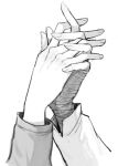  2girls bandaged_hand bandages chief_(path_to_nowhere) chinese_commentary commentary female_chief_(path_to_nowhere) greyscale hand_focus holding_hands interlocked_fingers kotori_(b-i-r-d) monochrome multiple_girls path_to_nowhere shalom_(path_to_nowhere) simple_background yuri 