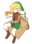  1boy blonde_hair boots bow_(music) brown_footwear closed_eyes dede_(qwea_00000) green_hat hat holding holding_instrument holding_violin instrument link male_focus music playing_instrument pointy_ears shield simple_background sitting sword the_legend_of_zelda the_legend_of_zelda:_link&#039;s_awakening violin weapon white_background wooden_box 