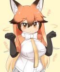  1girl animal_ears black_gloves black_hair blush bow bowtie breasts closed_mouth commentary_request elbow_gloves extra_ears fox_ears fox_girl gloves gradient_hair hair_between_eyes highres kemono_friends large_breasts lets0020 long_hair looking_at_viewer medium_bangs multicolored_hair necktie orange_hair paw_pose raglan_sleeves red_fox_(kemono_friends) shirt short_sleeves simple_background smile solo upper_body white_bow white_bowtie white_shirt yellow_background yellow_necktie 