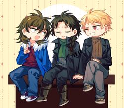  3boys atou_haruki black_coat black_footwear black_jacket black_pants black_sweater blonde_hair blue_jacket blue_pants boots braid brown_footwear brown_hair brown_sweater closed_eyes coat deformed fengtian_(artist) fur-trimmed_jacket fur_trim green_eyes green_scarf grey_pants grin hair_between_eyes hand_on_own_leg harada_minoru index_finger_raised isoi_reiji jacket long_sleeves male_focus medium_hair multiple_boys one_eye_closed open_clothes open_coat open_jacket open_mouth pants red_eyes red_footwear red_shirt ribbed_sweater saibou_shinkyoku sanpaku scar scar_on_face scar_on_forehead scarf shirt short_hair side_braid single_braid sitting smile sweat sweater turtleneck turtleneck_sweater 