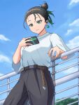  1girl against_railing alternate_hairstyle belt black_hair black_pants blue_sky breasts brown_belt cellphone closed_mouth clover clover_earrings commentary_request four-leaf_clover gradient_hair green_eyes green_hair holding holding_phone looking_at_phone love_live! love_live!_nijigasaki_high_school_idol_club medium_breasts momo_mochi_(favk5328) multicolored_hair outdoors pants phone railing shirt sky smartphone solo standing takasaki_yu upper_body white_shirt wireless_earphones 