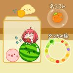  &gt;_&lt; 1girl :&lt; :t akino_ell apple arrow_(symbol) barefoot blush cantaloupe cherry chibi closed_eyes closed_mouth collared_shirt dekopon_(fruit) eating flying_sweatdrops food food_on_face fruit go-toubun_no_hanayome grapes green_skirt hair_ornament holding holding_food long_hair melon nakano_itsuki nashi_pear peach persimmon pineapple pleated_skirt redhead shirt short_sleeves sitting skirt solo star_(symbol) star_hair_ornament strawberry suika_game sweater_vest translation_request very_long_hair watermelon wavy_mouth white_shirt 