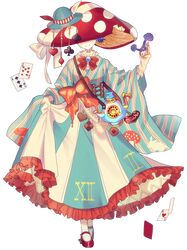  1girl bow card checkerboard_cookie club_(shape) cookie dairoku_ryouhei diamond_(shape) dress drink_me food full_body hat heart holding holding_clothes holding_skirt mushroom mushroom_hat otogawa_(tw) petit_grande playing_card pocket_watch red_bow red_footwear ribbon skirt smile socks spade_(shape) standing striped_clothes striped_dress teapot watch white_ribbon white_socks wide_sleeves 