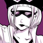  1girl barudieru belo_betty bob_cut cigarette close-up closed_mouth collared_shirt commentary_request hat lipstick lowres makeup necktie one_piece purple_background shirt short_hair solo sunglasses upper_body 