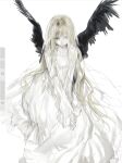  1girl absurdres black_eyes black_wings blonde_hair collarbone dress expressionless feathered_wings flat_chest highres long_hair long_sleeves looking_at_viewer original raivarune simple_background sketch solo very_long_hair white_background white_dress wings 