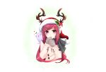  1girl :3 animal_on_shoulder antlers blush cold commentary fake_antlers fur-trimmed_headwear fur_trim grey_mittens grey_scarf hat highres holly_hat_ornament horns lanmei_jiang long_hair long_sleeves looking_to_the_side medium_bangs ming_wei_aiqing_de_chibang mittens open_mouth pink_hair plaid plaid_scarf red_hat santa_hat scarf solo sweater swept_bangs transparent_background undersized_animal upper_body violet_eyes white_sweater wolf 