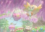  bellsprout black_eyes blue_flower closed_mouth commentary_request dartrix day decidueye drifblim drifloon flower highres light_rays mokukitusui no_humans outdoors pink_flower pokemon pokemon_(creature) rowlet sky smile solid_oval_eyes tree 